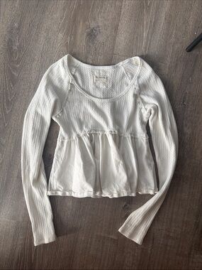 Free People Cream Waffle-Knit Peplum Long Sleeve Top